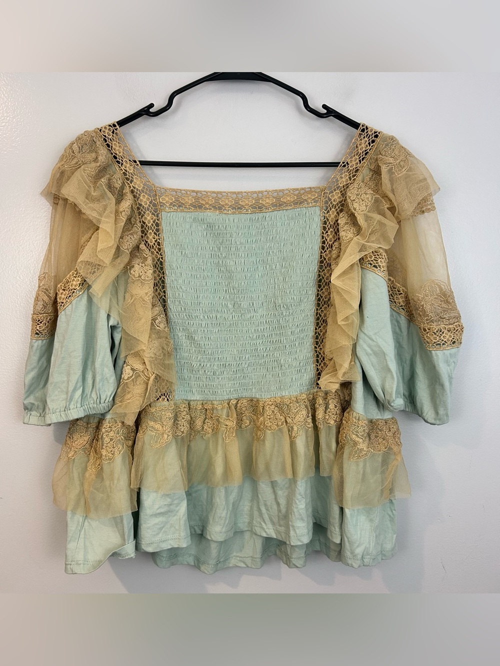 NWT Forever That Girl Blue/Tan Ruffle Lace Peplum Fairy Top Large Anthropologie - Picture 8 of 16
